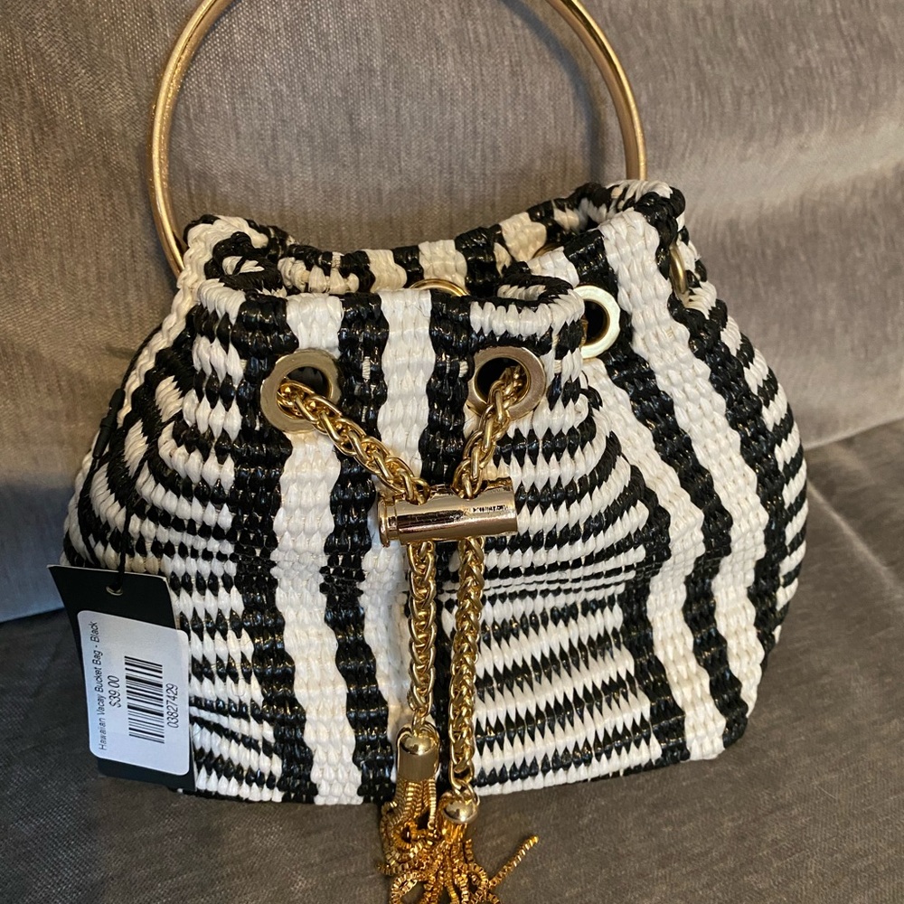 Liliana Black and White Striped Bag with Gold Accents